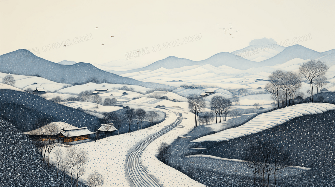 冬季山林唯美雪景插画