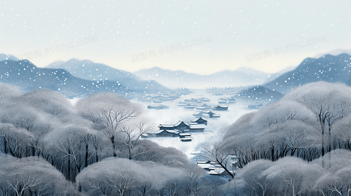 冬季山林唯美雪景插画