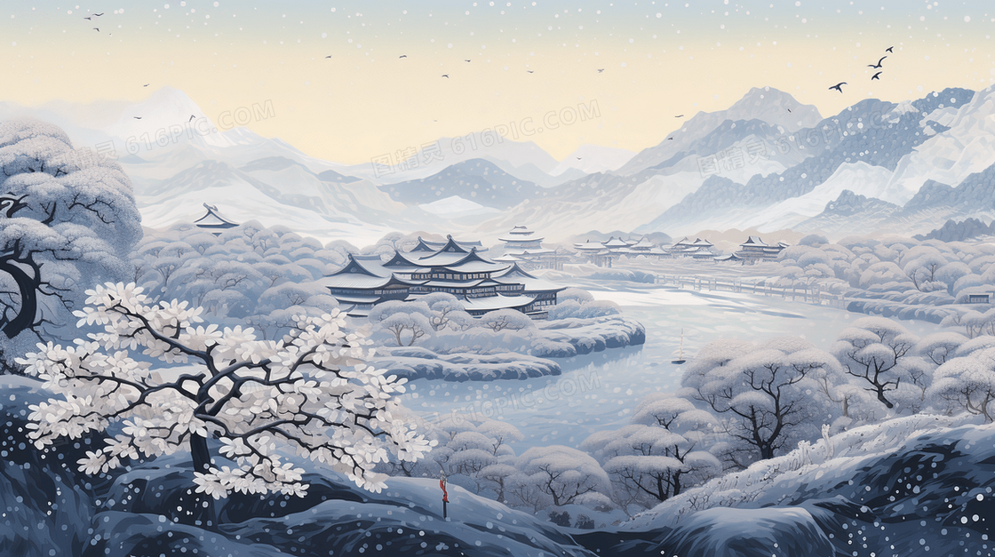 冬季湖边乡村雪景插画