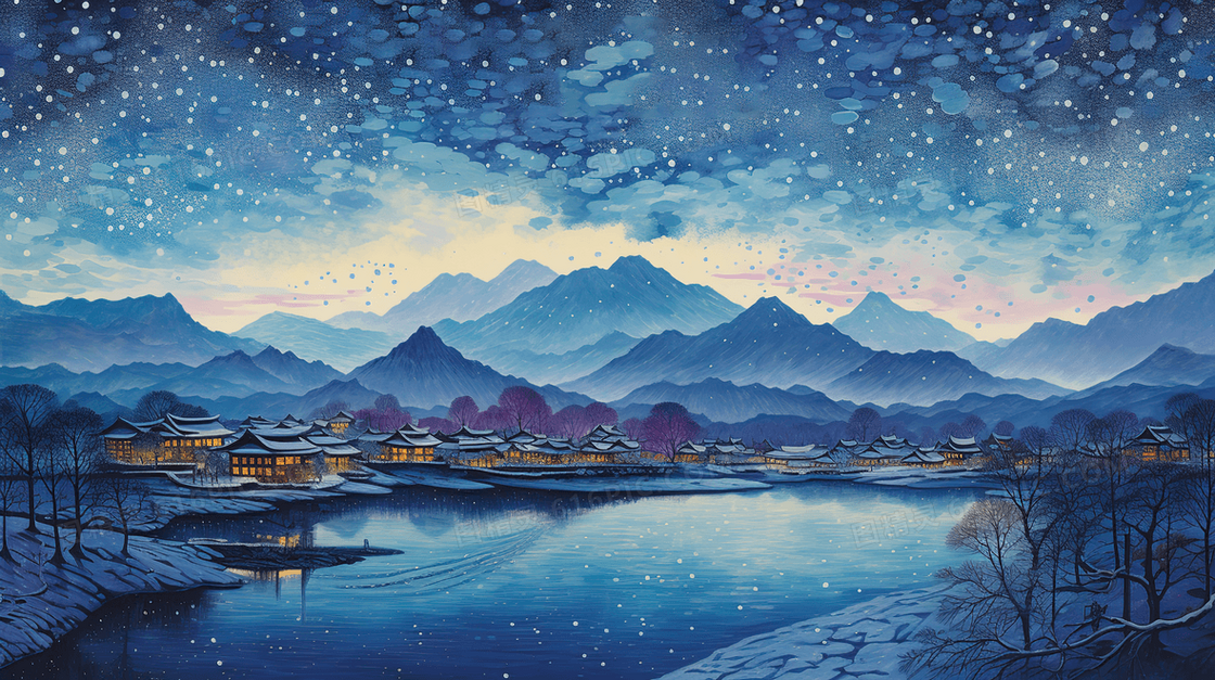 冬季湖边乡村雪景插画