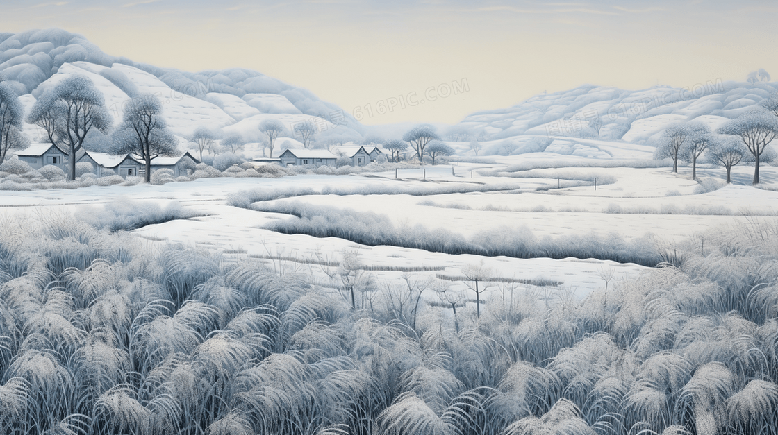 冬季山林唯美雪景插画