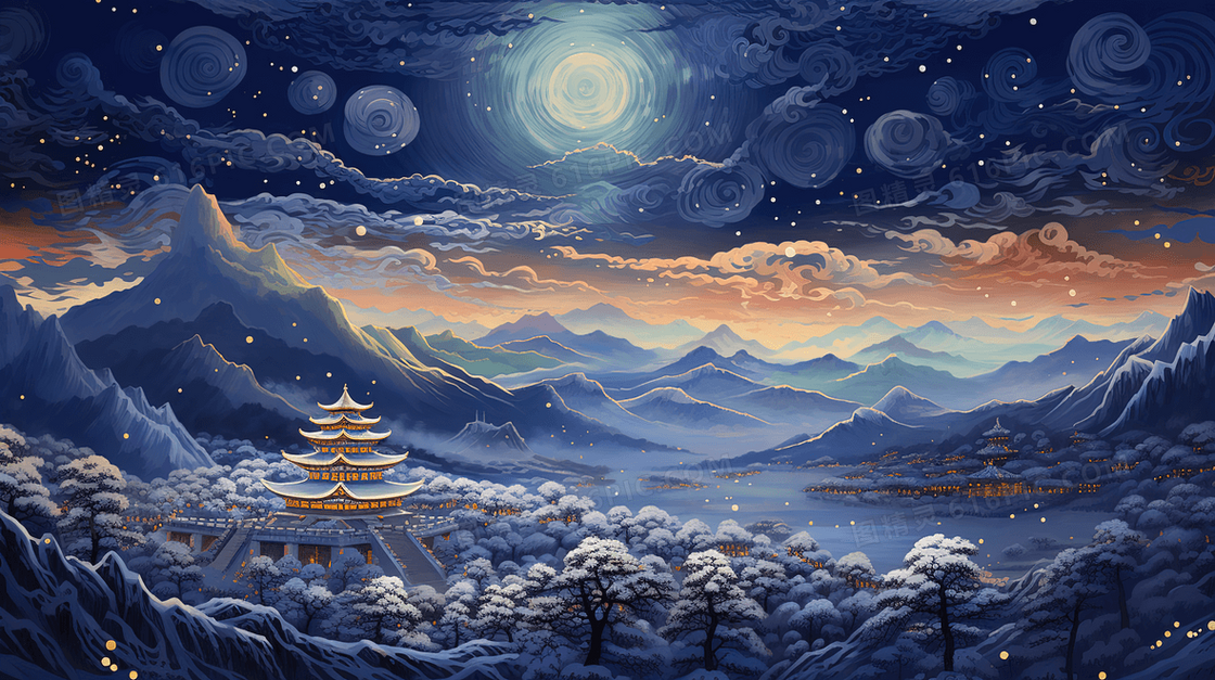 冬日山林里的塔楼梵高画风夜景插画