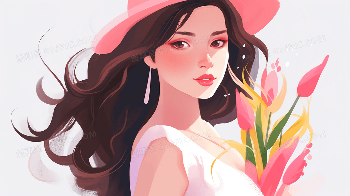 戴帽子的长发美丽女人插画