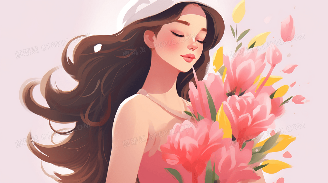 戴帽子的长发美丽女人插画