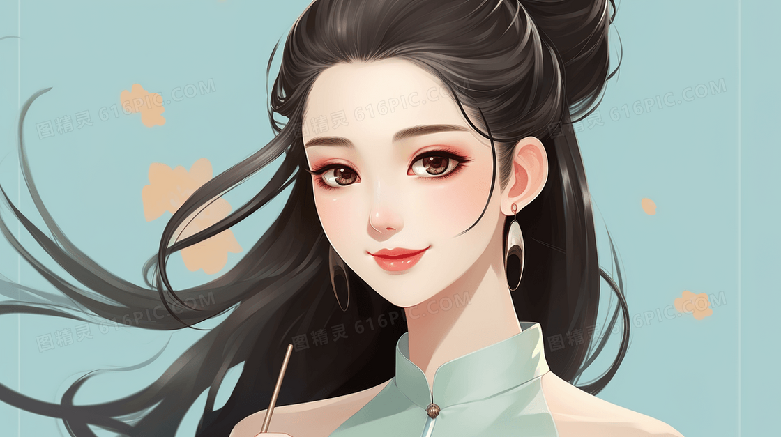 古风黑发美丽女孩人物插画