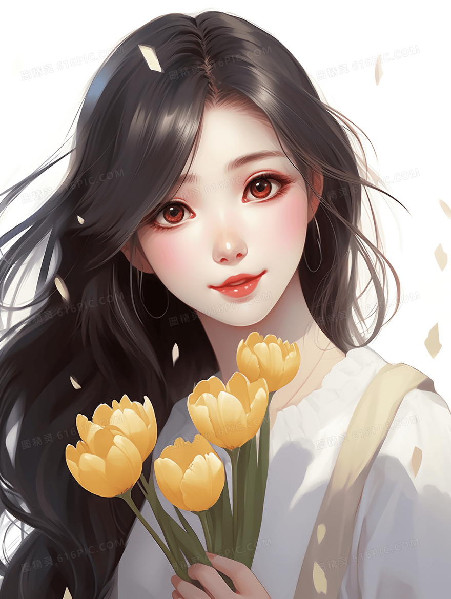 拿着郁金香的长发美丽女孩唯美插画