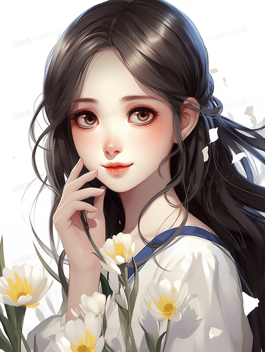 拿着水仙花的长发美丽女孩唯美插画