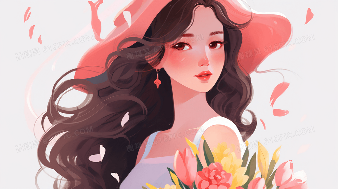 戴帽子的长发美丽女人插画