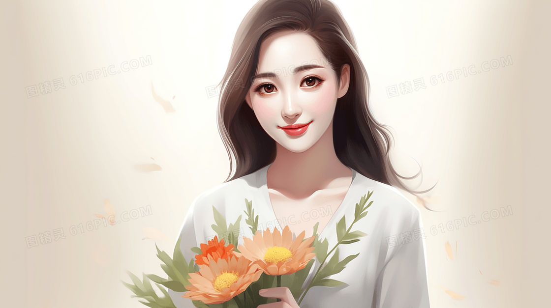手捧鲜花的温婉女神唯美人物插画