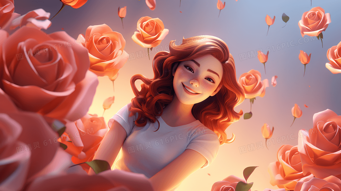 粉色玫瑰中的卷发美女插画