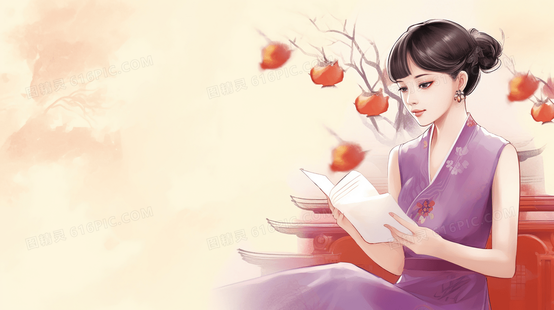 正在看书的古风温婉女子插画