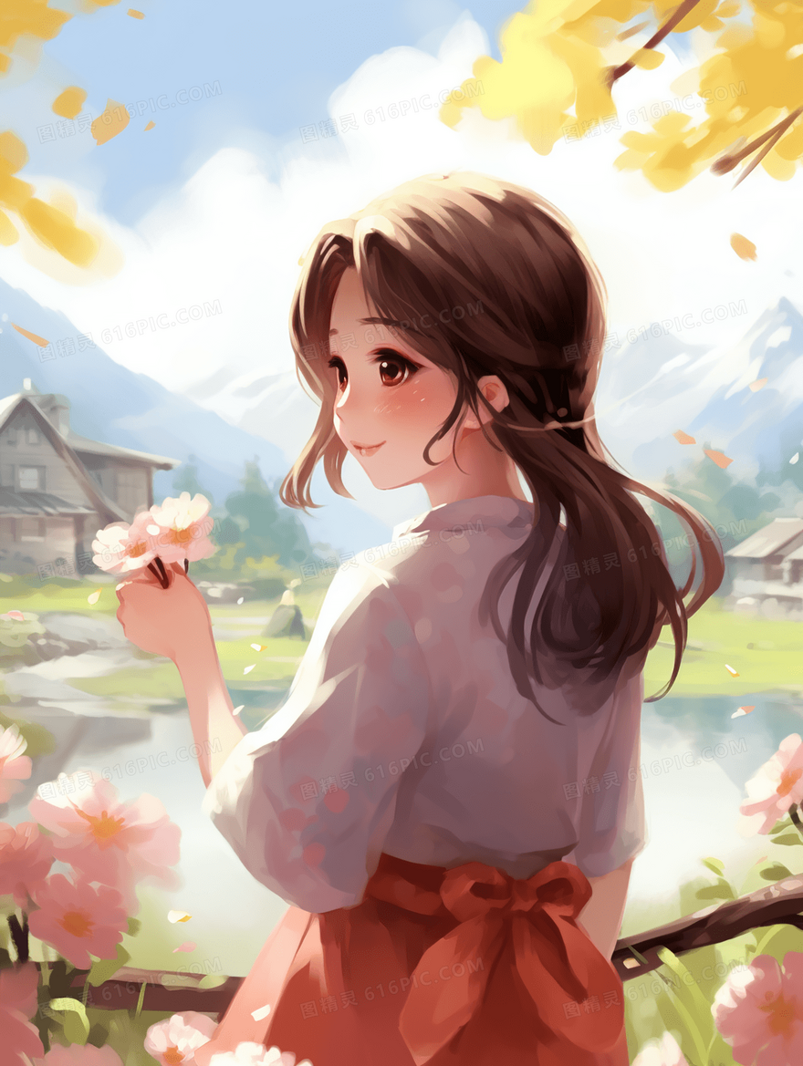 长发美丽女孩拿着雏菊花唯美插画