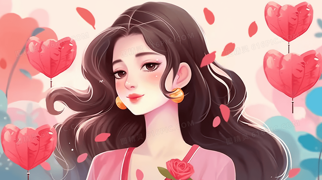 长发美女粉色爱心插画