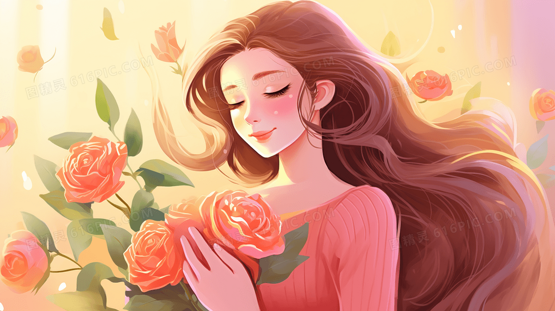 手捧粉色花朵的长发温婉女人插画