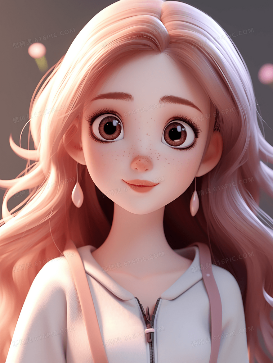 粉色长发的可爱女孩人像插画