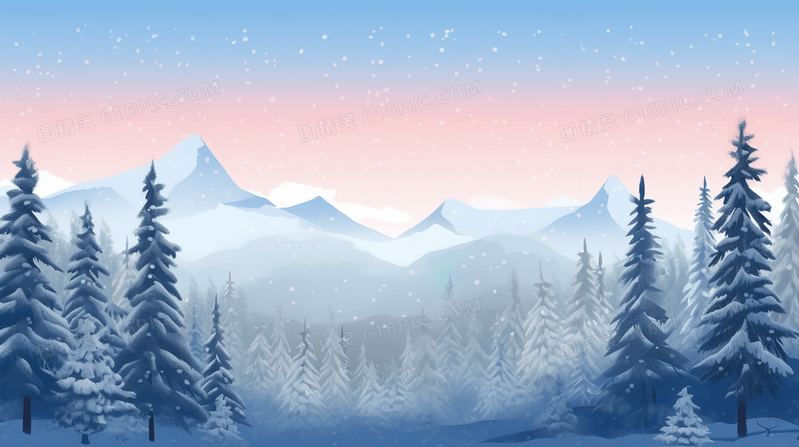 冬季雪雾山林插画