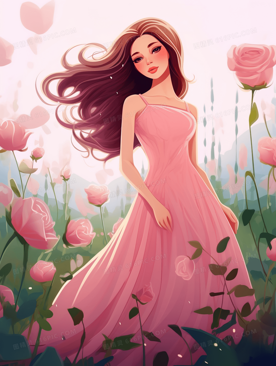 粉色花海中的长发美丽女子插画