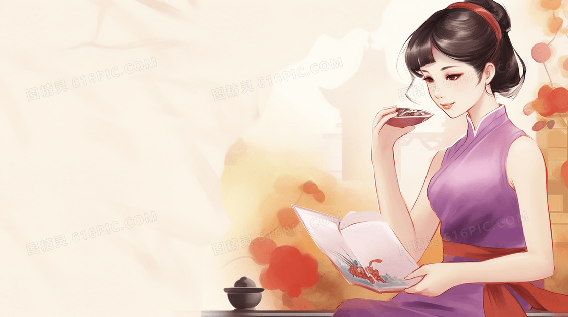 正在看书的古风温婉女子插画