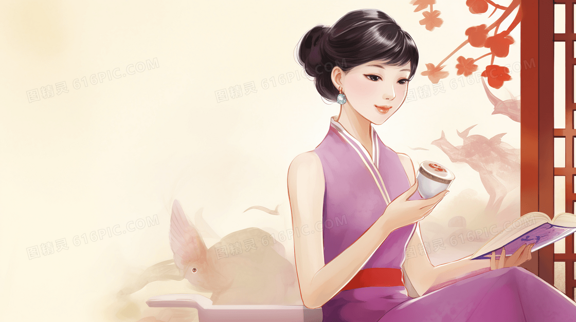 正在看书的古风温婉女子插画