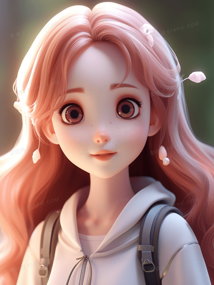 粉色长发的可爱女孩人像插画
