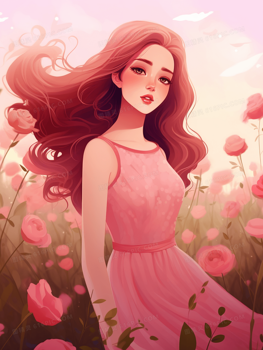 粉色花海中的长发美丽女子插画