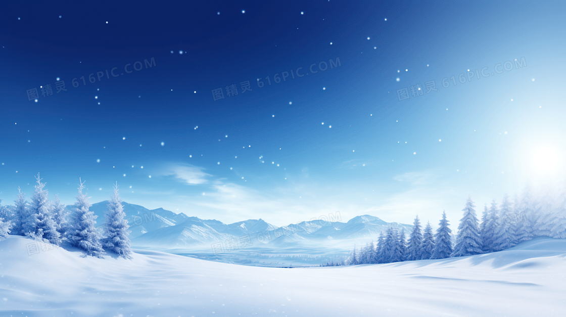 大雪纷飞的雪地松树林概念图片