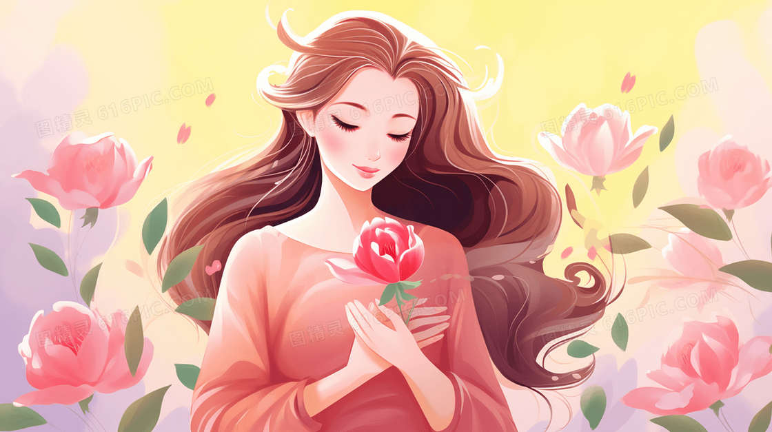 手捧粉色花朵的长发温婉女人插画
