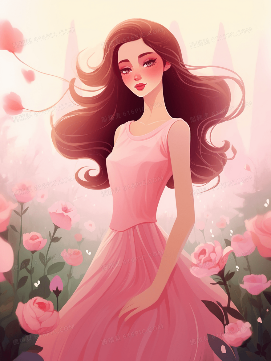 粉色花海中的长发美丽女子插画