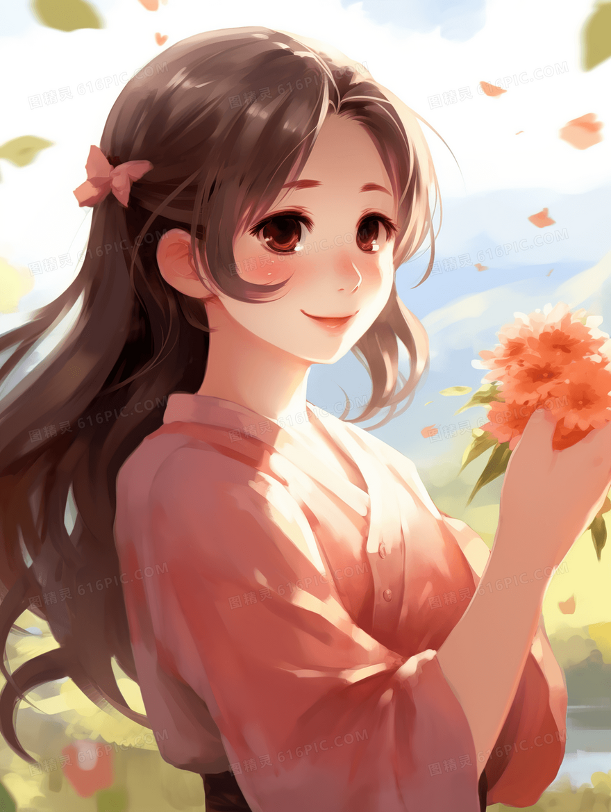 长发美丽女孩拿着雏菊花唯美插画