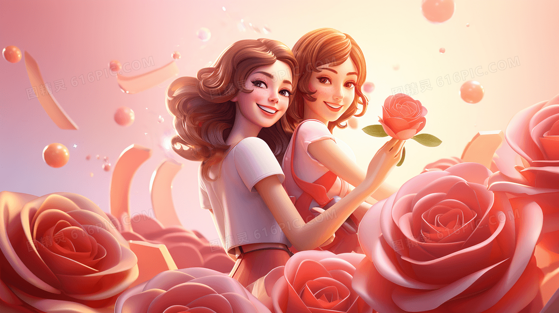粉色玫瑰中的卷发美女插画