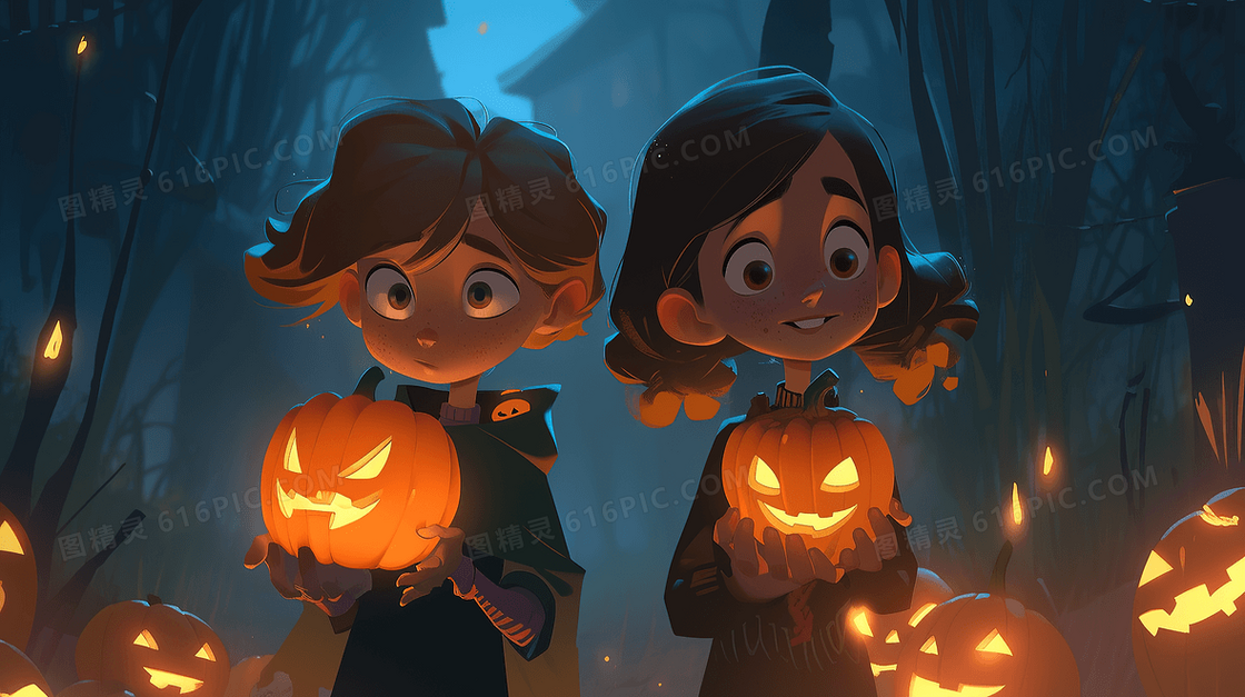 夜晚的两个可爱小巫师抱着发光的南瓜灯插画