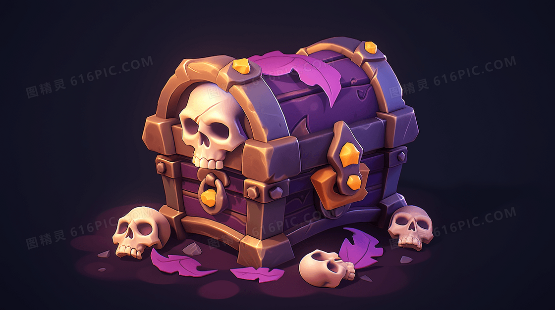 可爱逼真的紫色3D骷髅宝箱插画