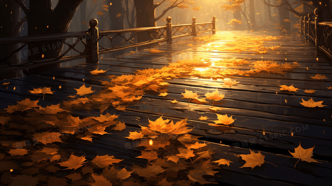 秋天落叶飘落在桥上场景插画
