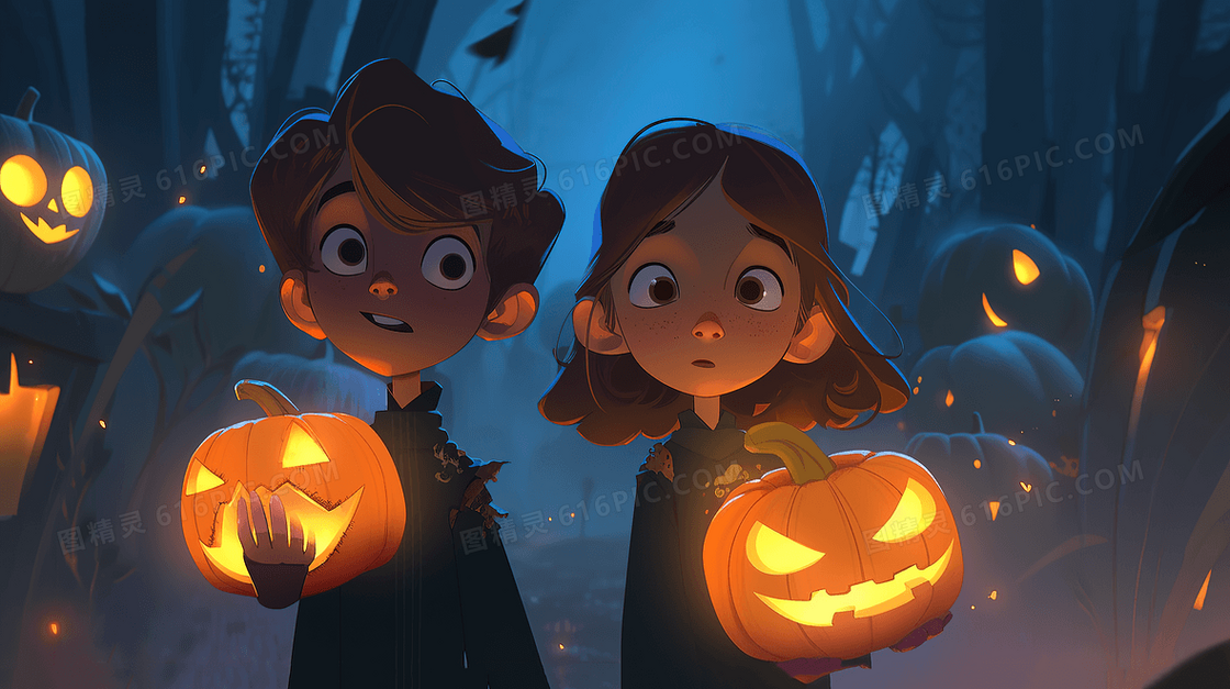 夜晚的两个可爱小巫师抱着发光的南瓜灯插画