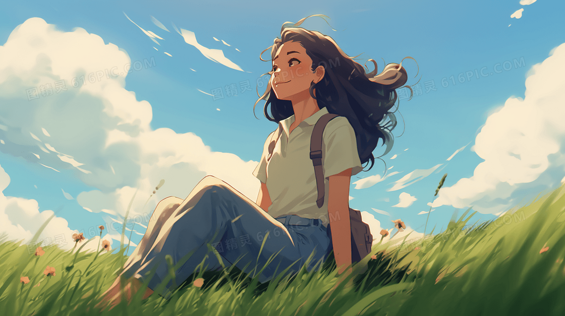 一个坐在草地上放松的女生插画