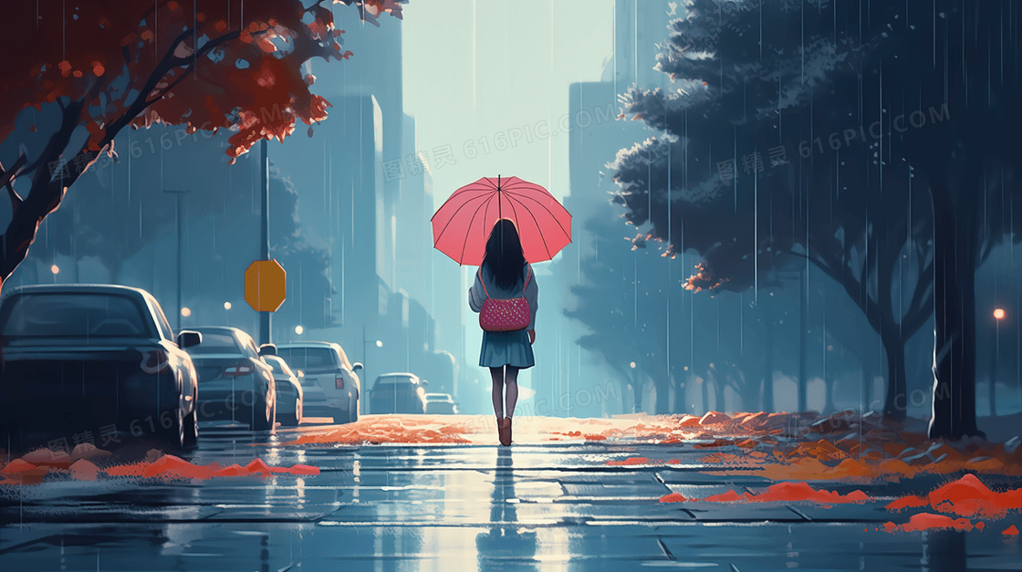 一个雨中独自在路上打伞行走的女孩插画