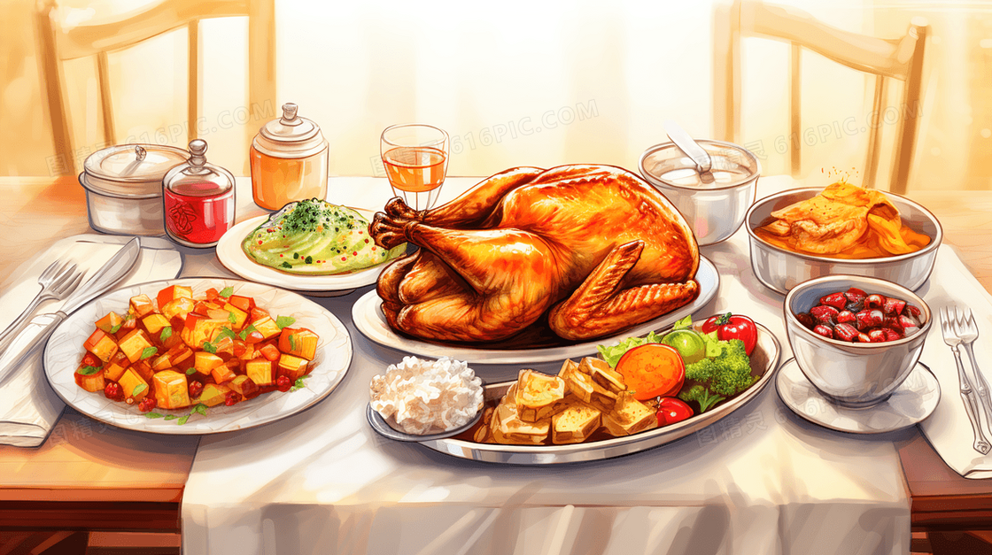 一桌丰富的感恩节美食大餐插画