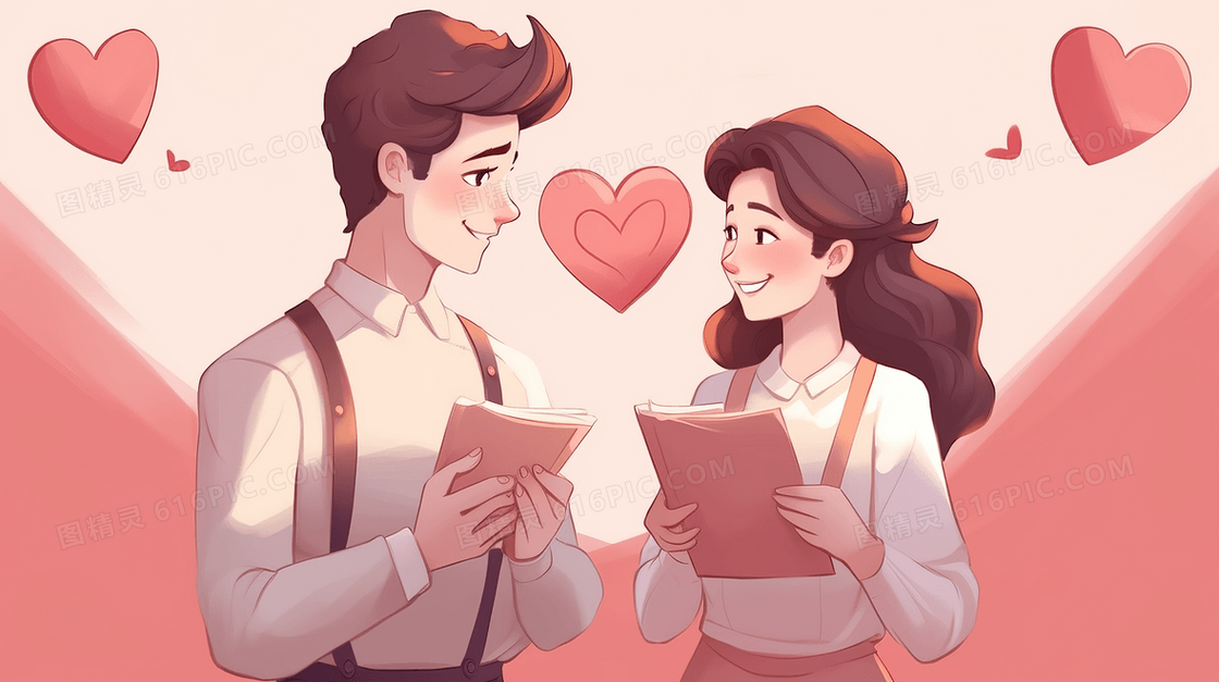 手里拿着情书的一对夫妇插画