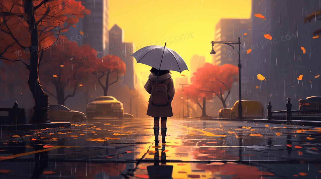 一个雨中打伞独自在路上行走的可爱女孩插画