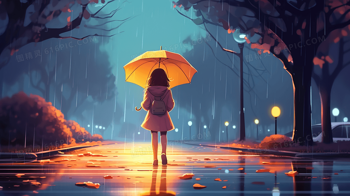 一个雨中打伞独自在路上行走的可爱女孩插画