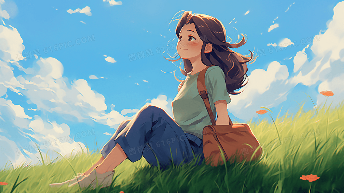 一个坐在草地上放松的女生插画