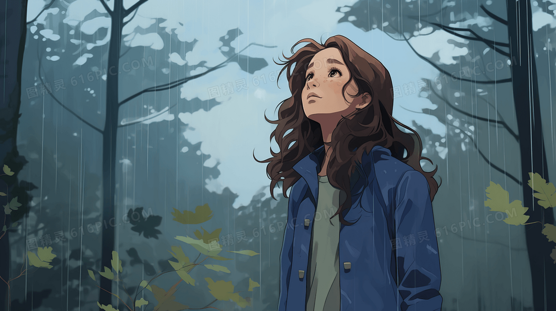 树林里一个女孩站在雨中插画