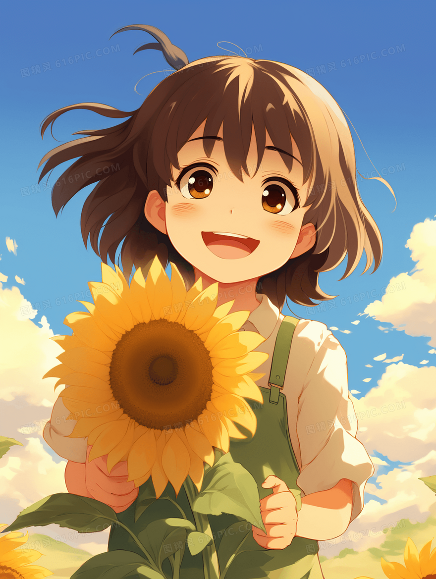 花田里的一个拿着一朵大向日葵女孩插画