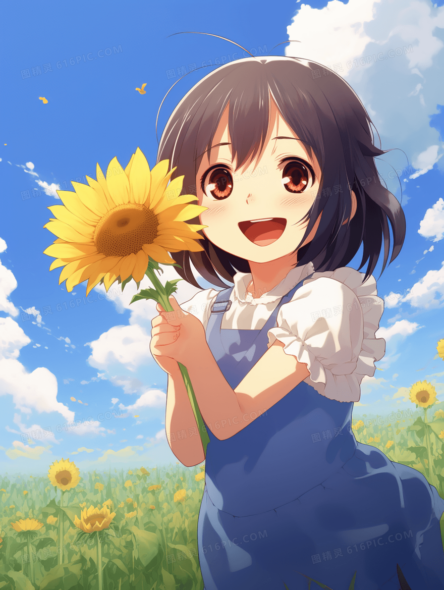 花田里的一个拿着一朵大向日葵女孩插画