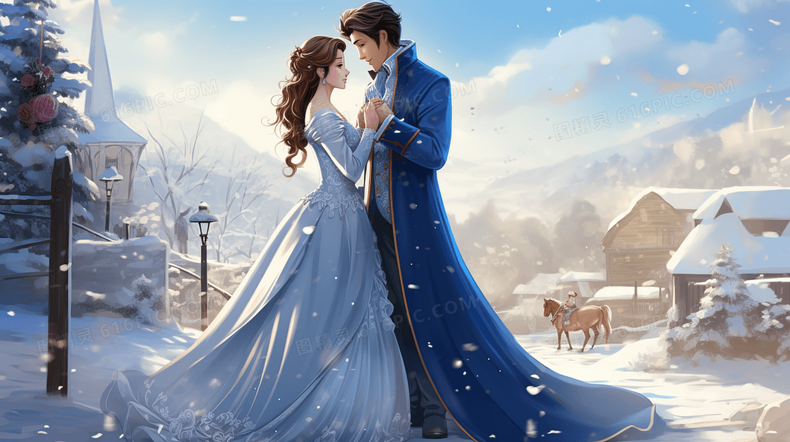雪中相拥面对面的情侣情人节插画