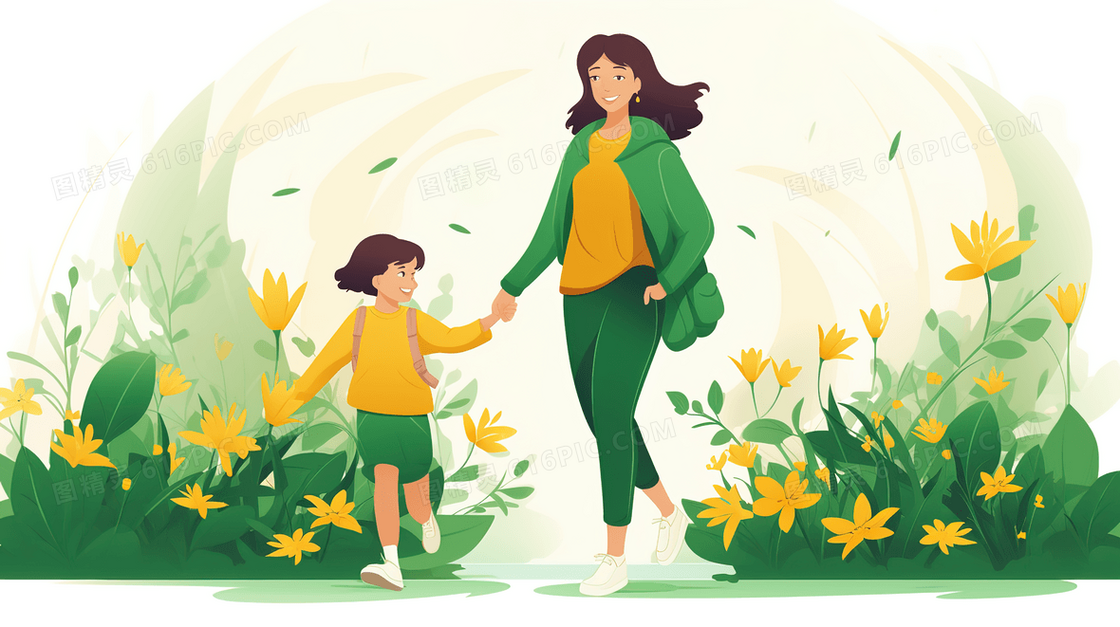 春季母亲带着孩子在公园里散步插画