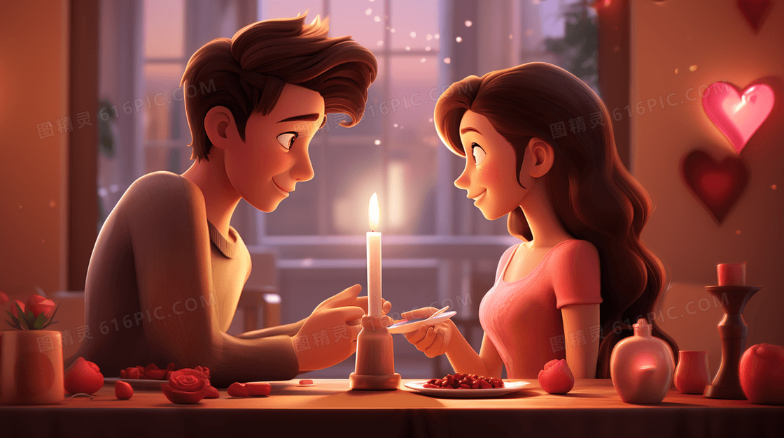 浪漫情人节点亮蜡烛的情侣可爱卡通插画