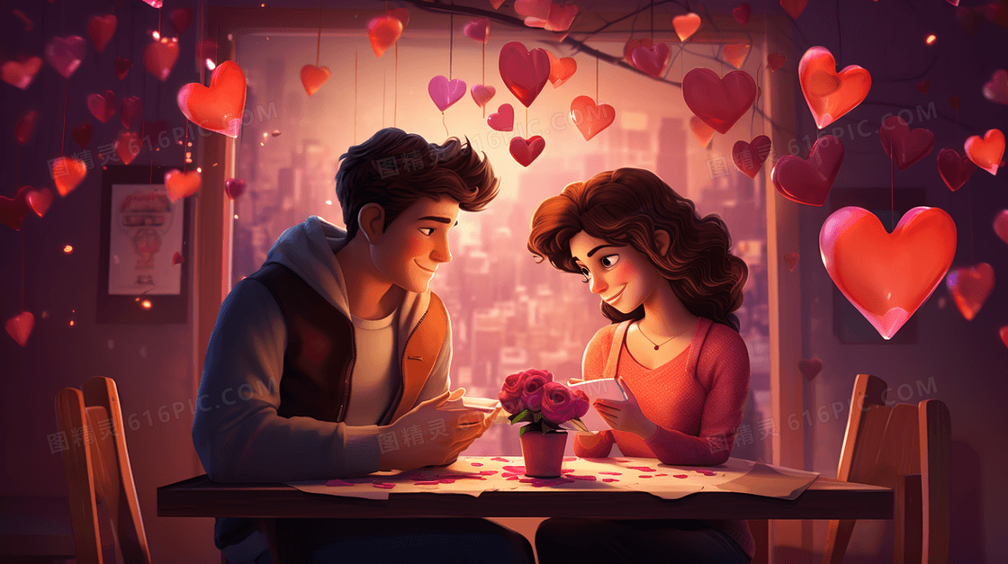 浪漫情人节点亮蜡烛的情侣可爱卡通插画