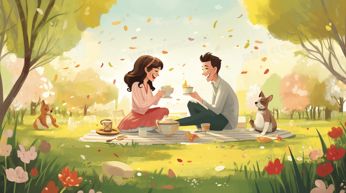 春天公园草地上野餐的情侣风景插画