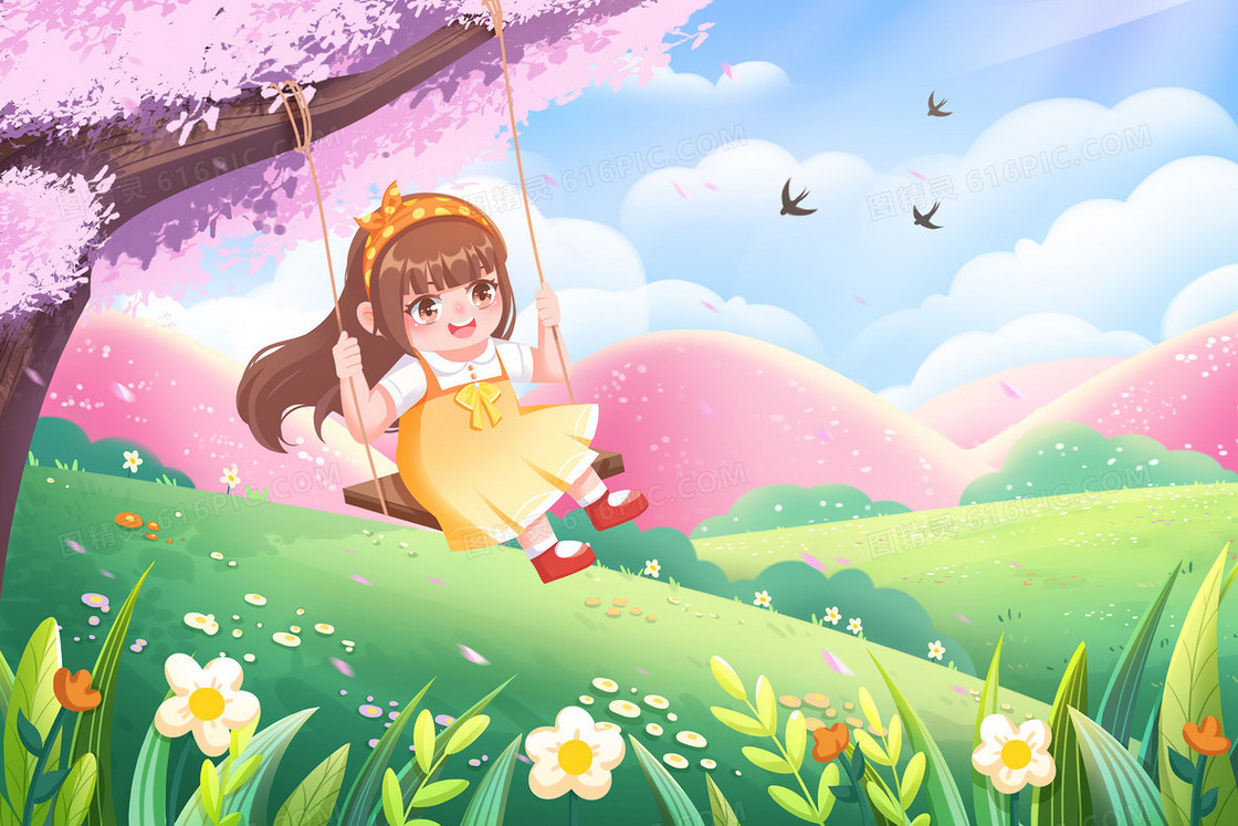 粉色春天可爱小女孩荡秋千插画